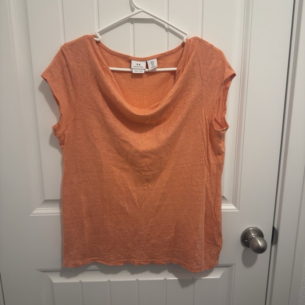 Halston Women's 100% Linen Bright Pink Shirt Drape Neck Size Large